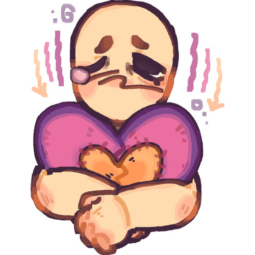 a drawing of a pale yellow person with dark purple eyes and a upset expression. They are holding onto a big pink and yellow broken heart. There are pink and yellow down arrows by their head. 